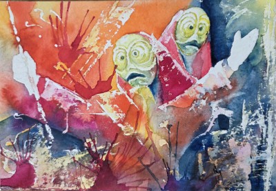 Aquarellbild einer bunten Fasnachtsgestalt